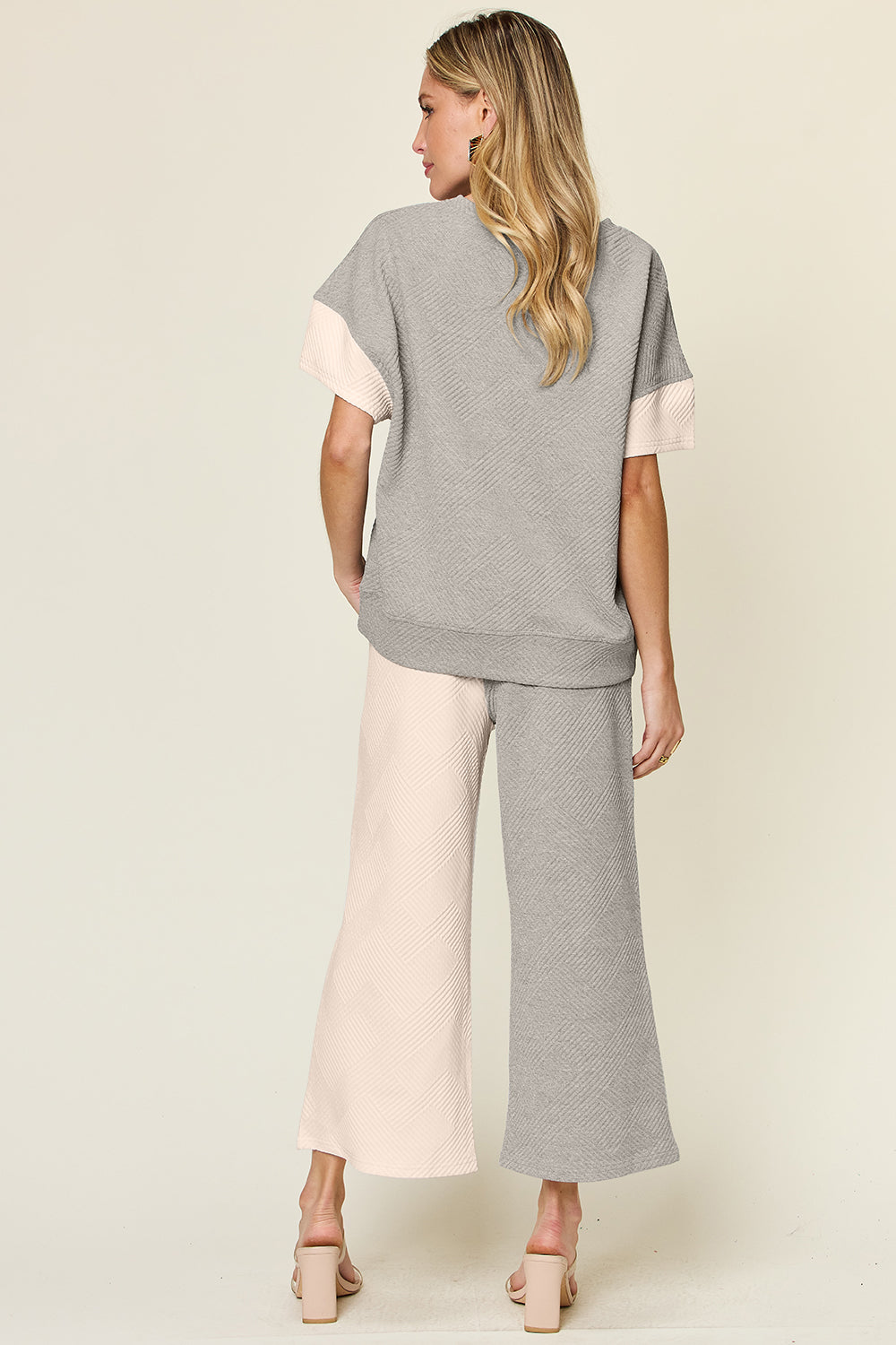 Double Take Full Size Texture Contrast T-Shirt and Wide Leg Pants Set Trendsi