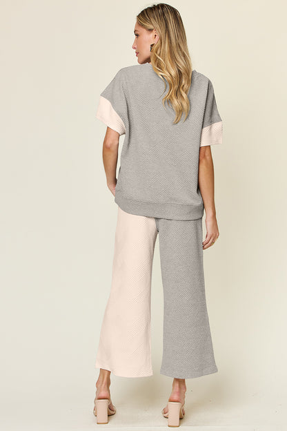 Double Take Full Size Texture Contrast T-Shirt and Wide Leg Pants Set Trendsi