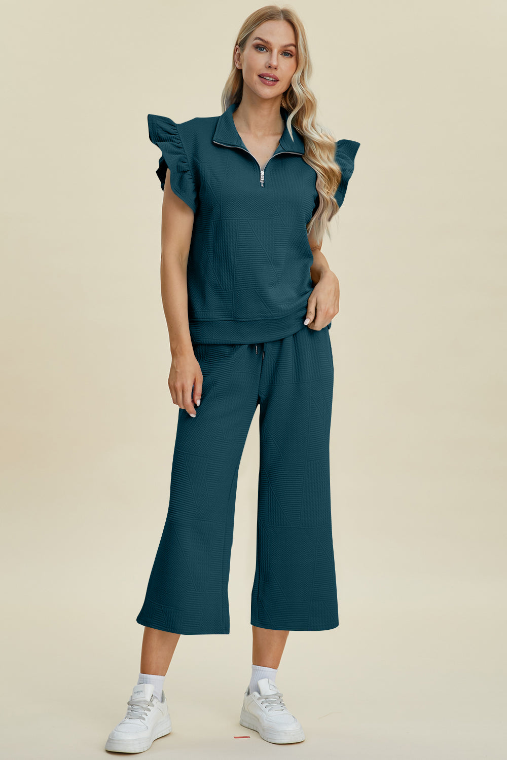 Double Take Full Size Texture Ruffle Short Sleeve Top and Wide Leg Pants Set Trendsi