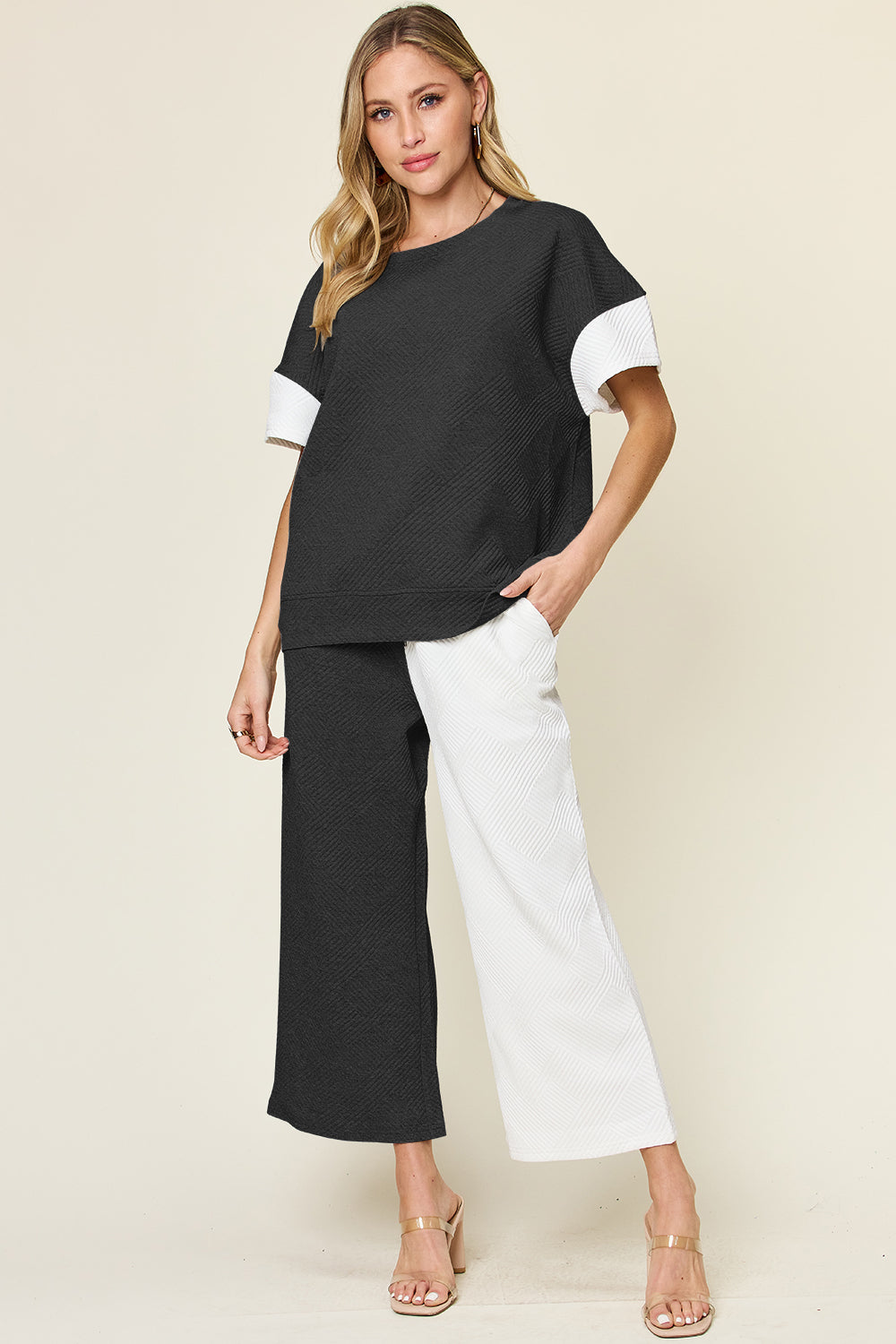 Double Take Full Size Texture Contrast T-Shirt and Wide Leg Pants Set Trendsi