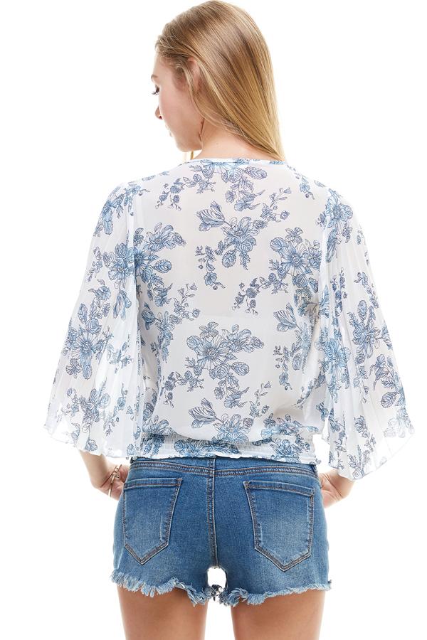 LONG SLEEVE SURPLICE FLORAL TOP Indigo Arrowwood