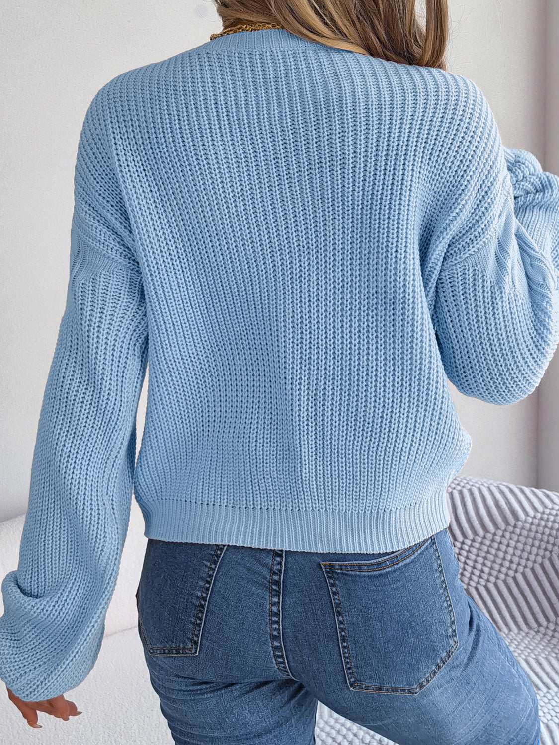 Cable-Knit Round Neck Drop Shoulder Sweater Trendsi