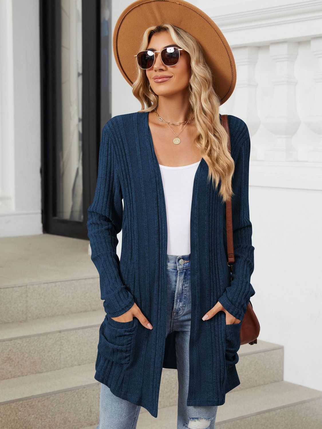 Pocketed Open Front Long Sleeve Cardigan Trendsi