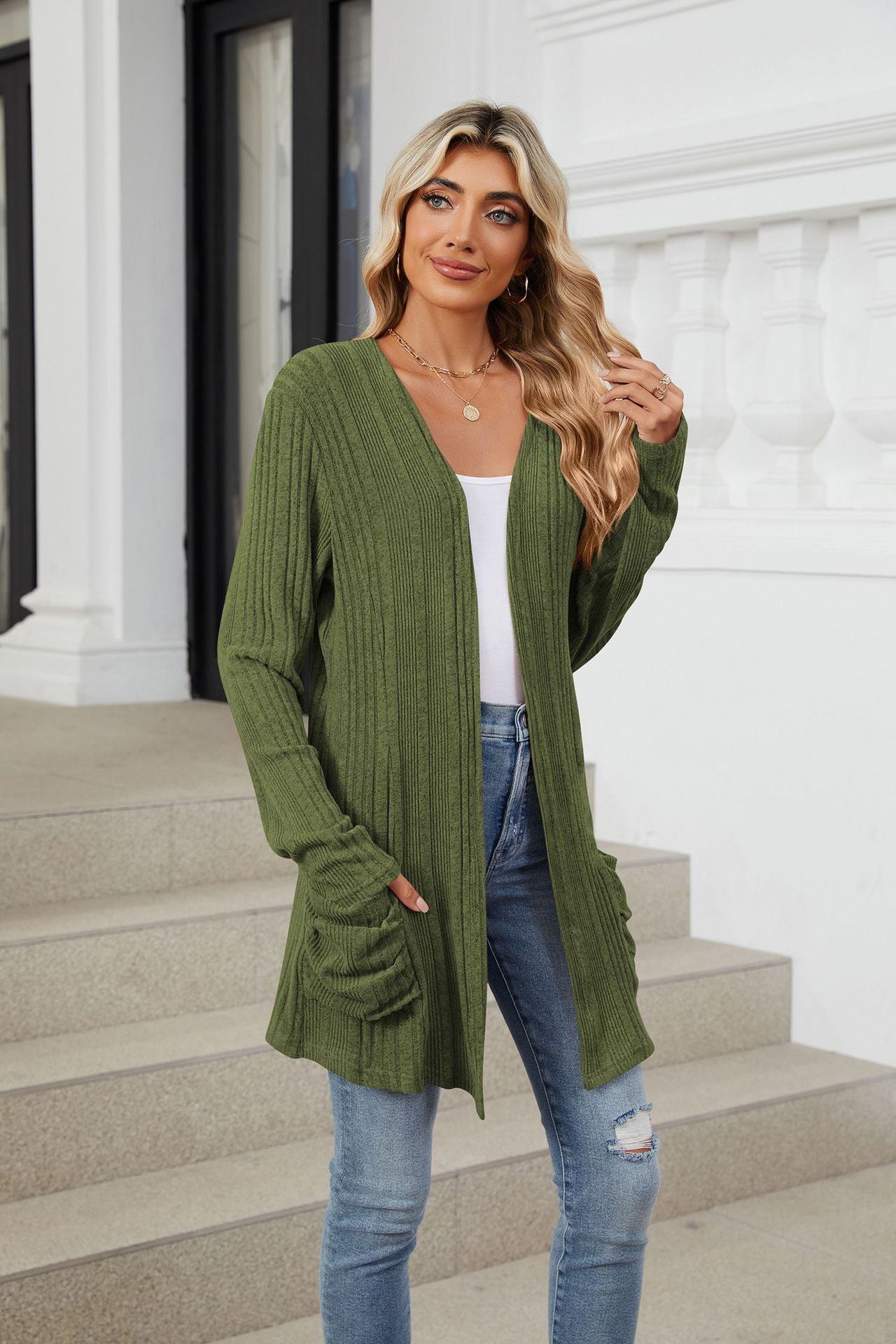 Pocketed Open Front Long Sleeve Cardigan Trendsi