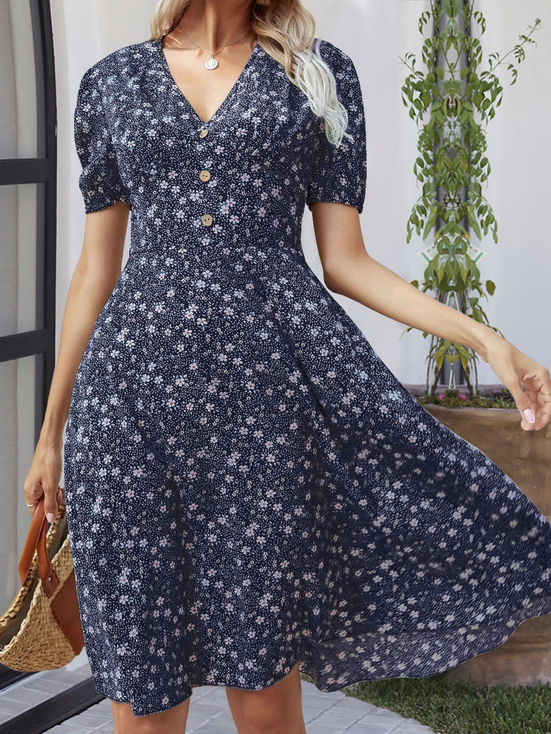 Printed V-Neck Short Sleeve Dress Trendsi