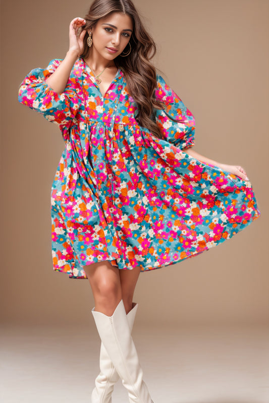 Floral Tie Neck Puff Sleeve Mini Dress Trendsi