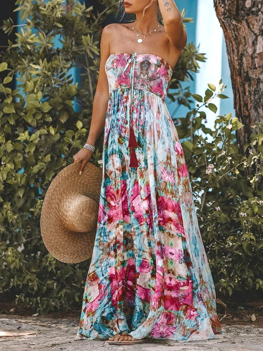 Smocked Printed Sleeveless Maxi Dress Trendsi