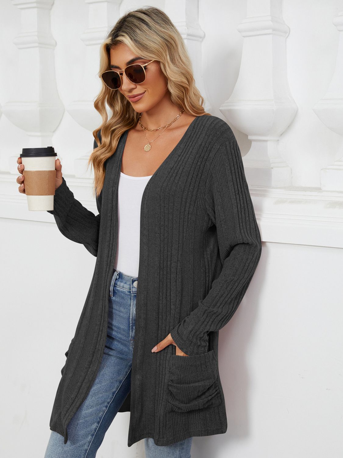 Pocketed Open Front Long Sleeve Cardigan Trendsi