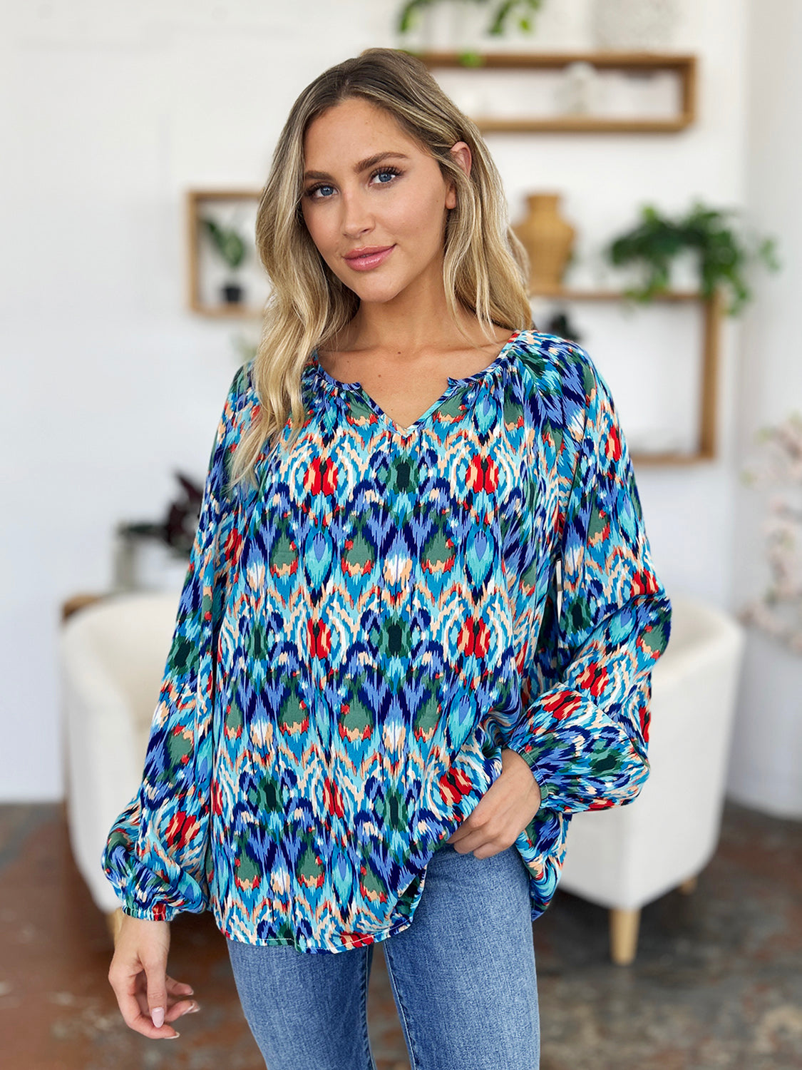 Double Take Full Size Printed Balloon Sleeve Blouse Trendsi