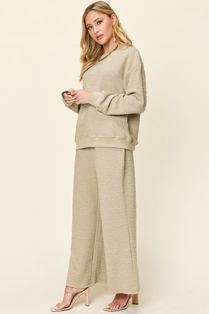 Double Take Full Size Texture Long Sleeve Top and Pants Set Trendsi