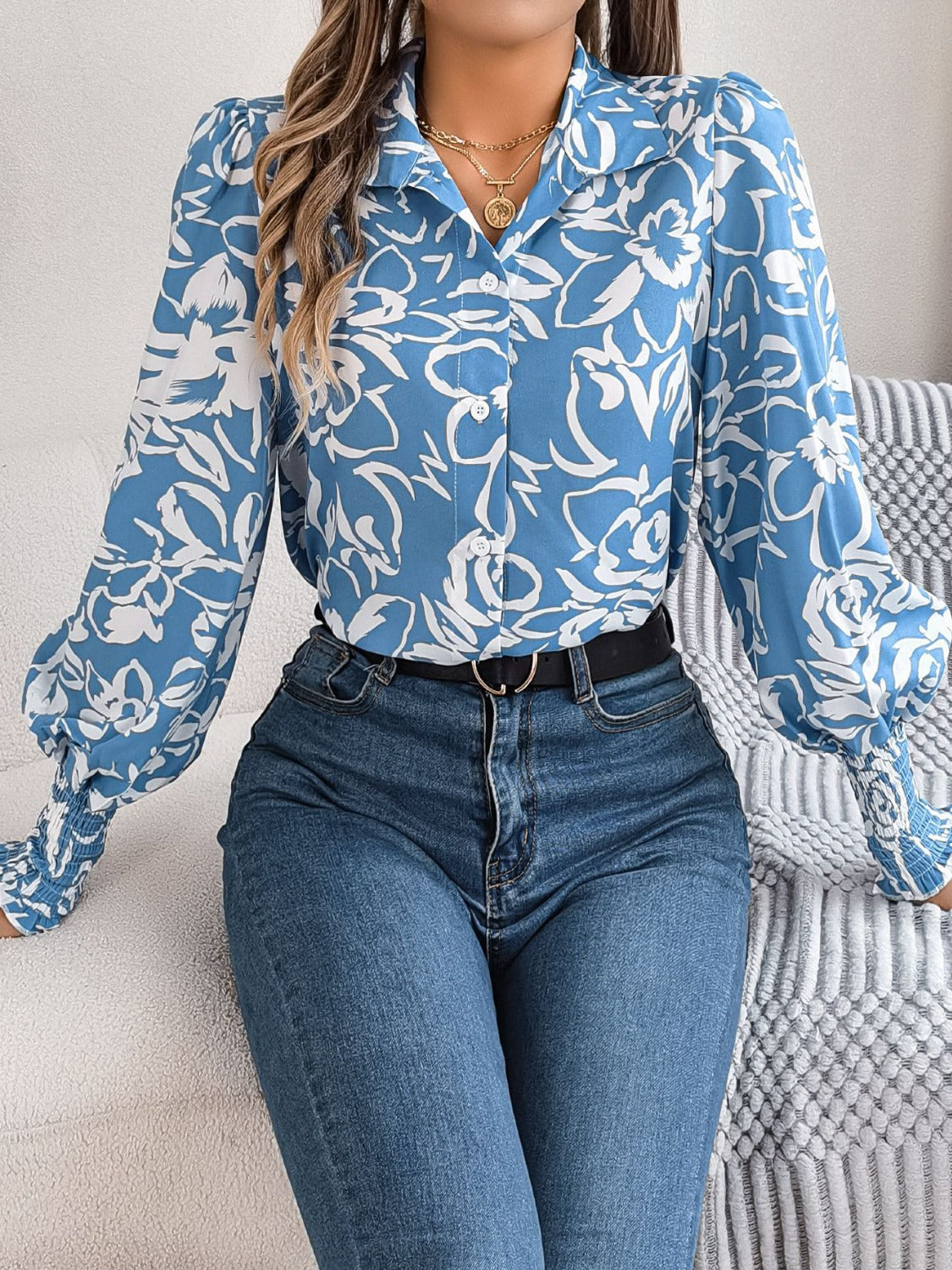 Printed Collared Neck Lantern Sleeve Shirt Trendsi