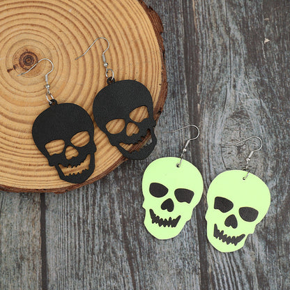 Unique 2-Pair PU Leather Skull Dangle Earrings on display with edgy and intricate design.