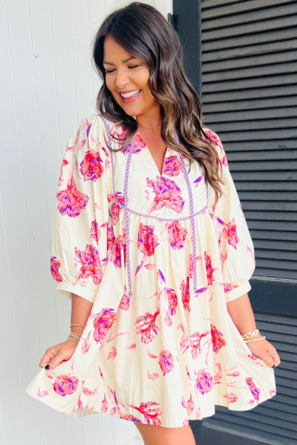 Tied Flower Printed Three-Quarter Sleeve Dress Trendsi