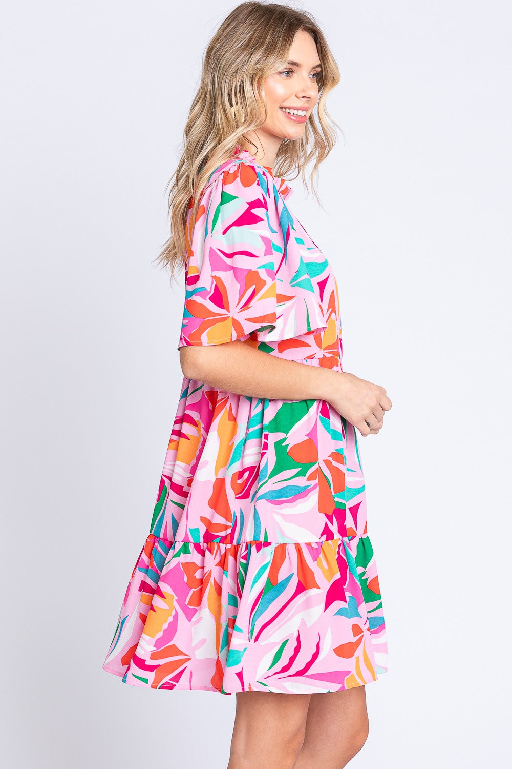 GeeGee Printed Short Sleeve Ruffle Hem Dress Trendsi