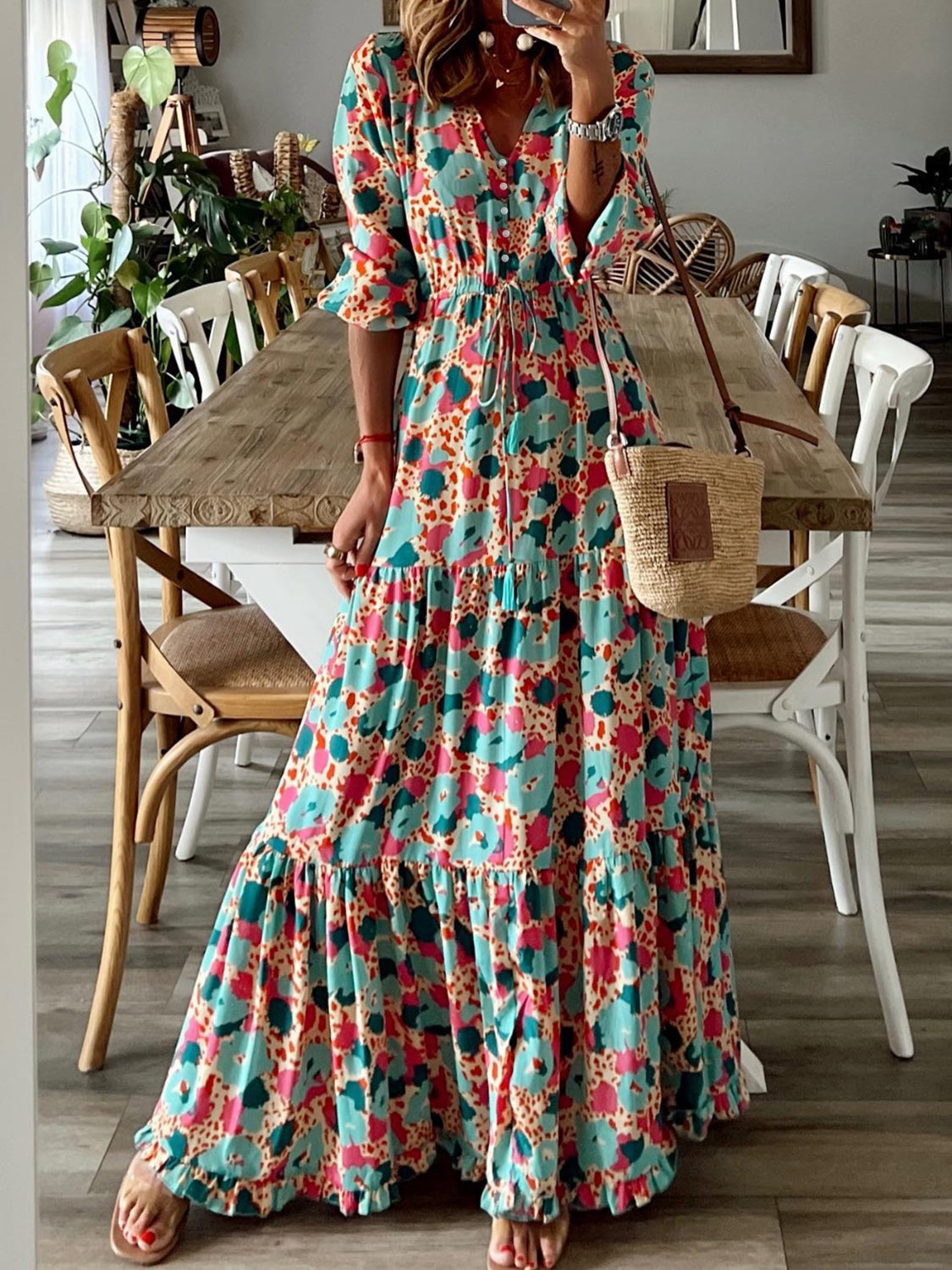 MeiMei Button Up Ruffle Hem Tiered Maxi Dress Trendsi