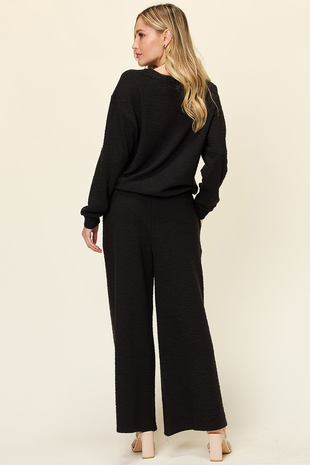 Double Take Full Size Texture Long Sleeve Top and Pants Set Trendsi