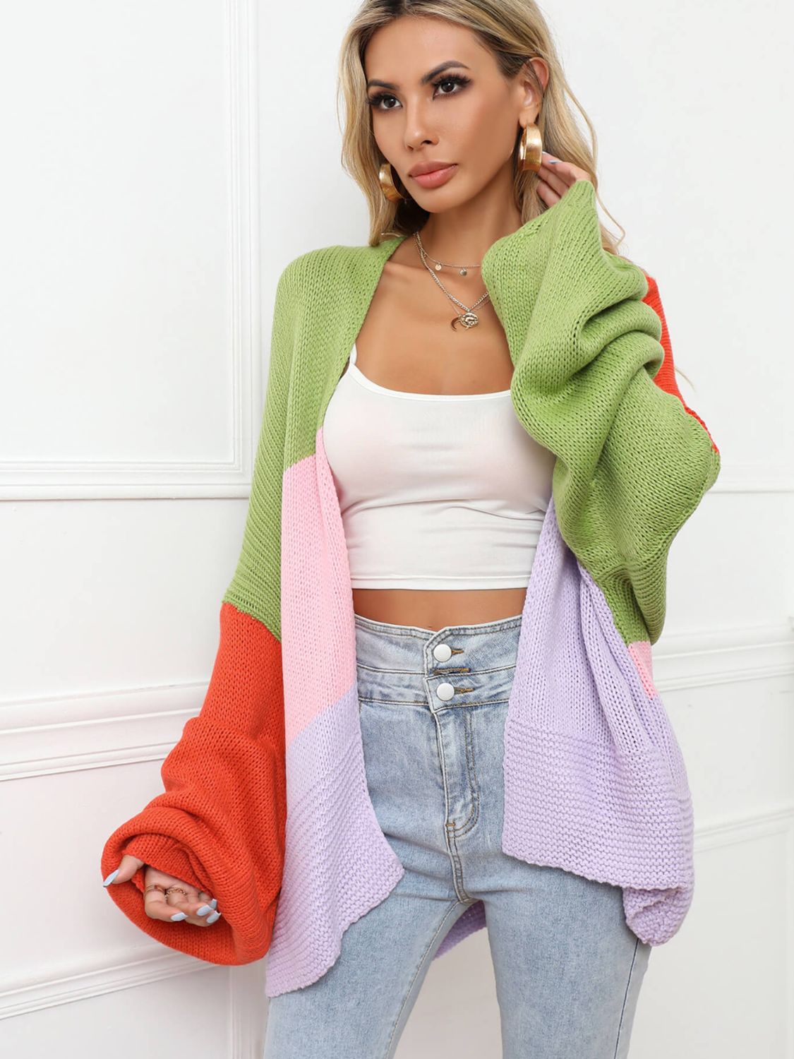 Angel Wings Color Block Open Front Balloon Sleeve Longline Cardigan Trendsi