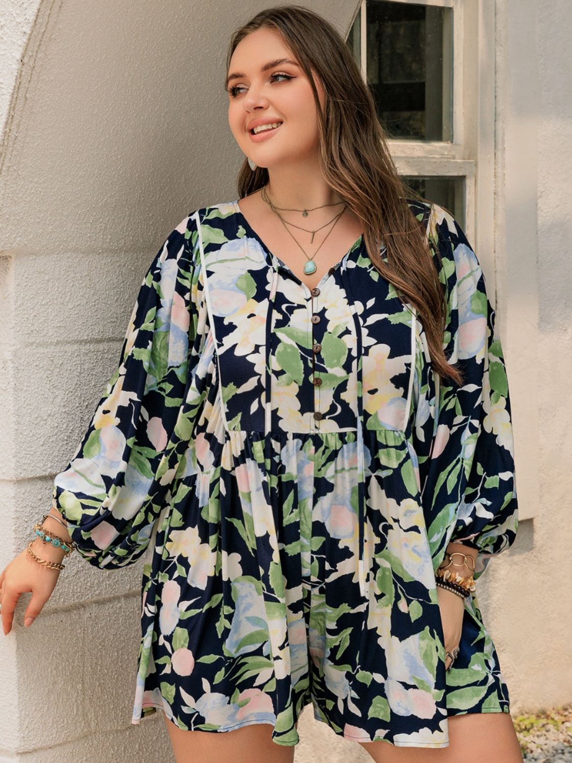 Plus Size Tied Printed Long Sleeve Romper Trendsi