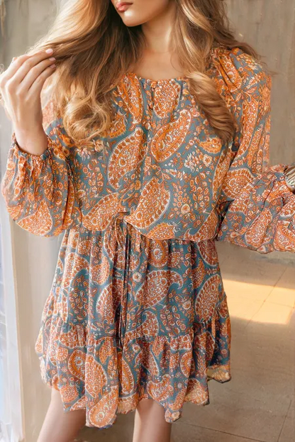 Ruffle Hem Printed Long Sleeve Dress Trendsi