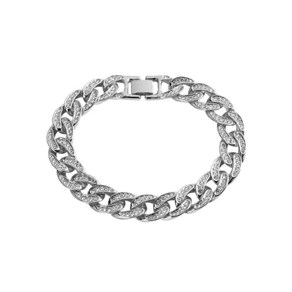 CREW 13MM Cuban Bracelet with rhinestone crystals, fold-over clasp, solid brass, 8.75 inches.