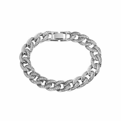 CREW 13MM Cuban Bracelet with rhinestone crystals, solid brass material, fold over clasp.