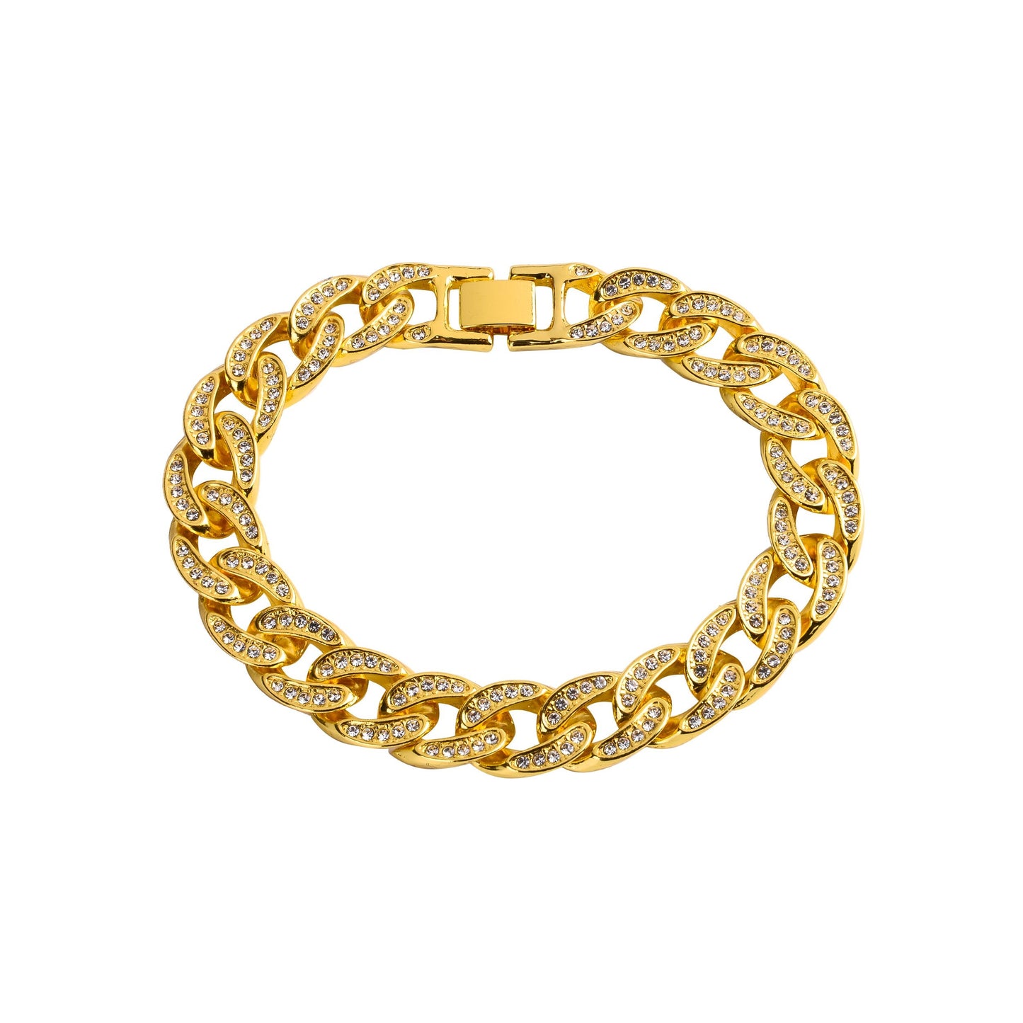 CREW 13MM Cuban Bracelet, rhinestone-studded, 8.75-inch gold link chain.