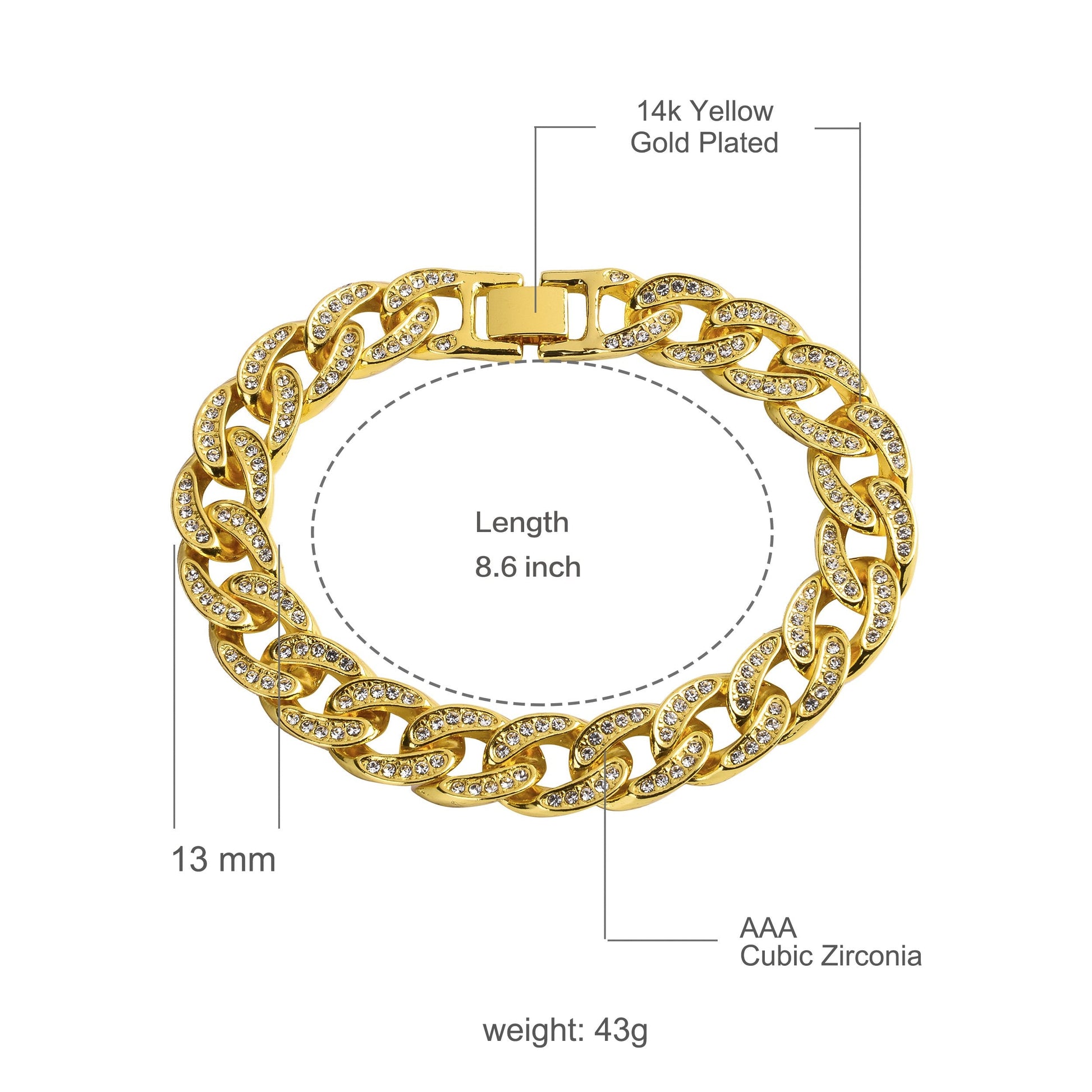 CREW 13MM Cuban Bracelet with gold-plated, rhinestone-studded links, 8.75 inches long.