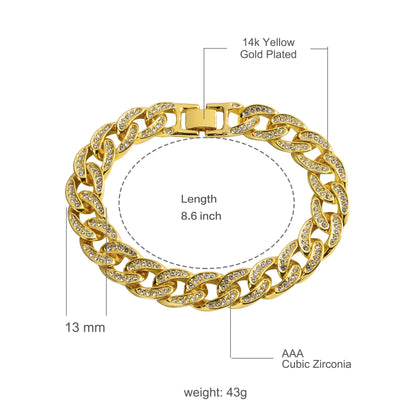 CREW 13MM Cuban Bracelet with gold-plated, rhinestone-studded links, 8.75 inches long.