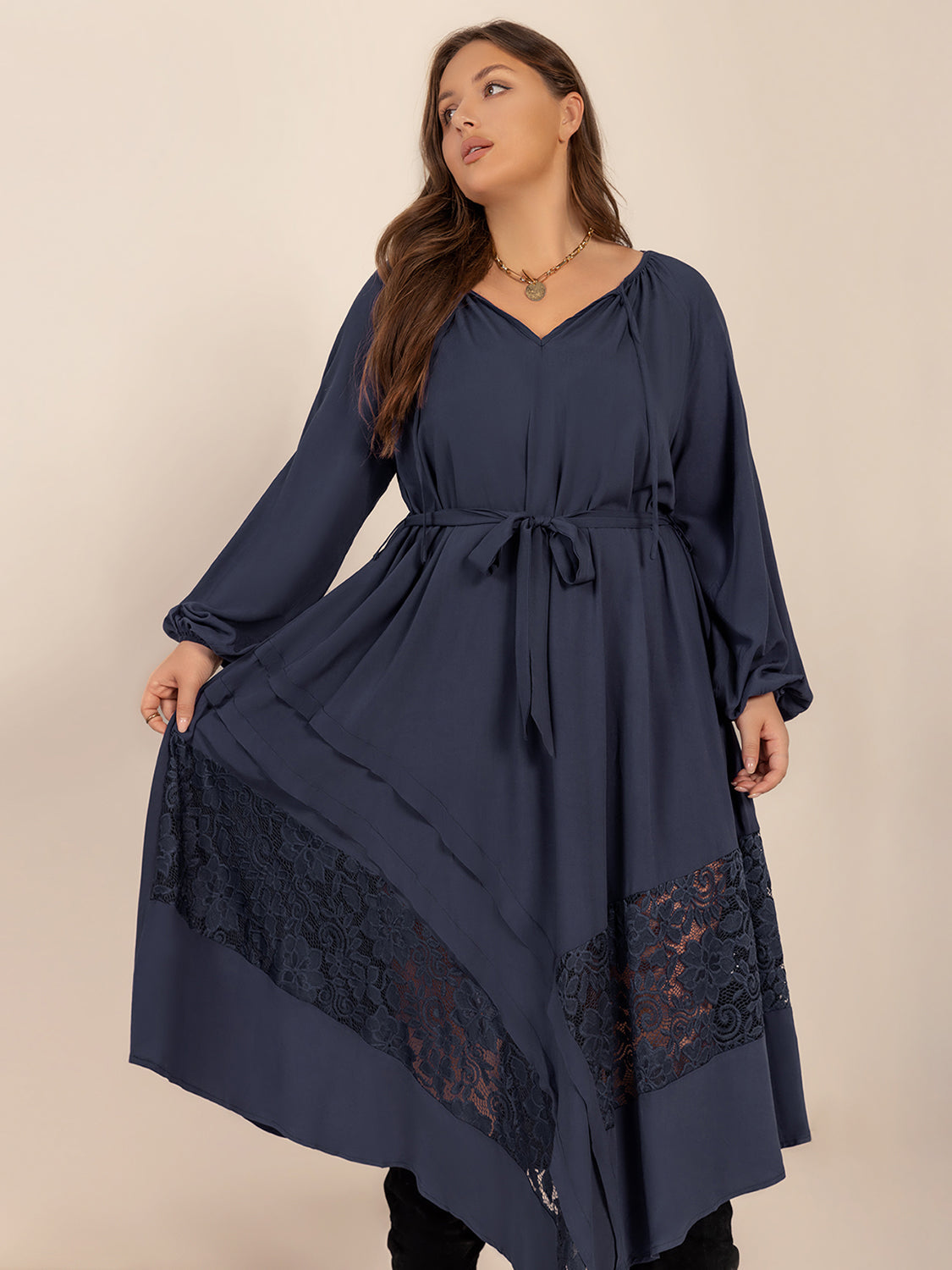 Plus Size Lace Detail Tie Neck Long Sleeve Midi Dress Trendsi