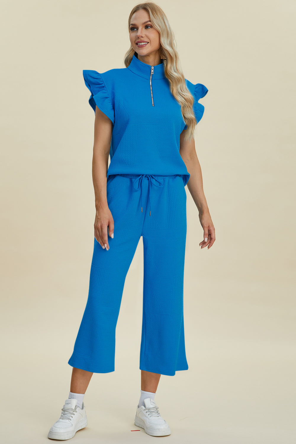 Double Take Full Size Texture Ruffle Short Sleeve Top and Wide Leg Pants Set Trendsi