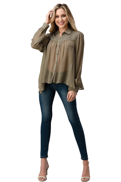 Embroidered Sheer Button-Up Blouse – Casual Elegance Indigo Arrowwood