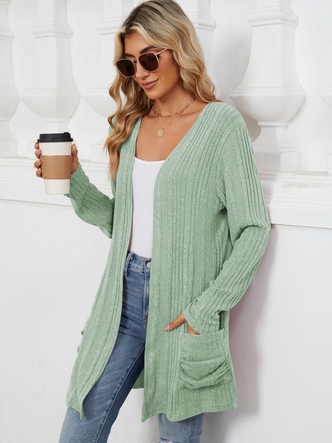 Pocketed Open Front Long Sleeve Cardigan Trendsi