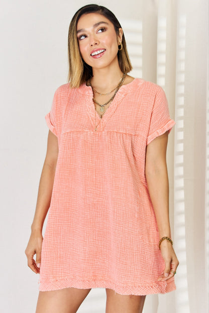 Zenana Washed Nochted Rolled Short Sleeve Dress Trendsi