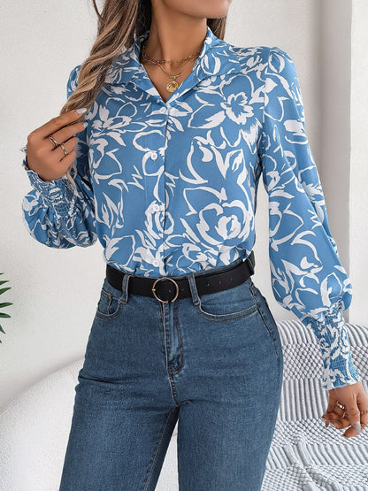 Printed Collared Neck Lantern Sleeve Shirt Trendsi