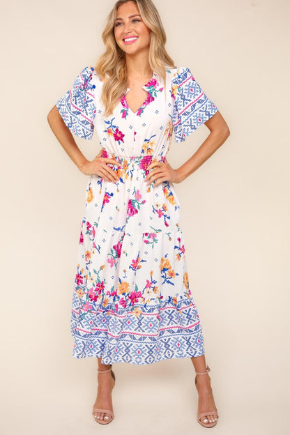 Haptics Printed Notched Short Sleeve Tiered Dress Trendsi