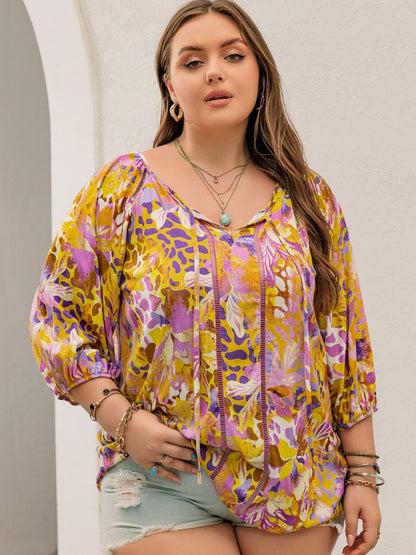 Plus Size Printed Tie Neck Blouse Trendsi