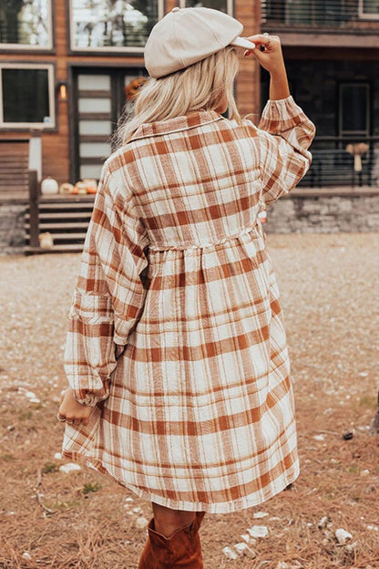 Plaid Collared Neck Long Sleeve Mini Shirt Dress Trendsi