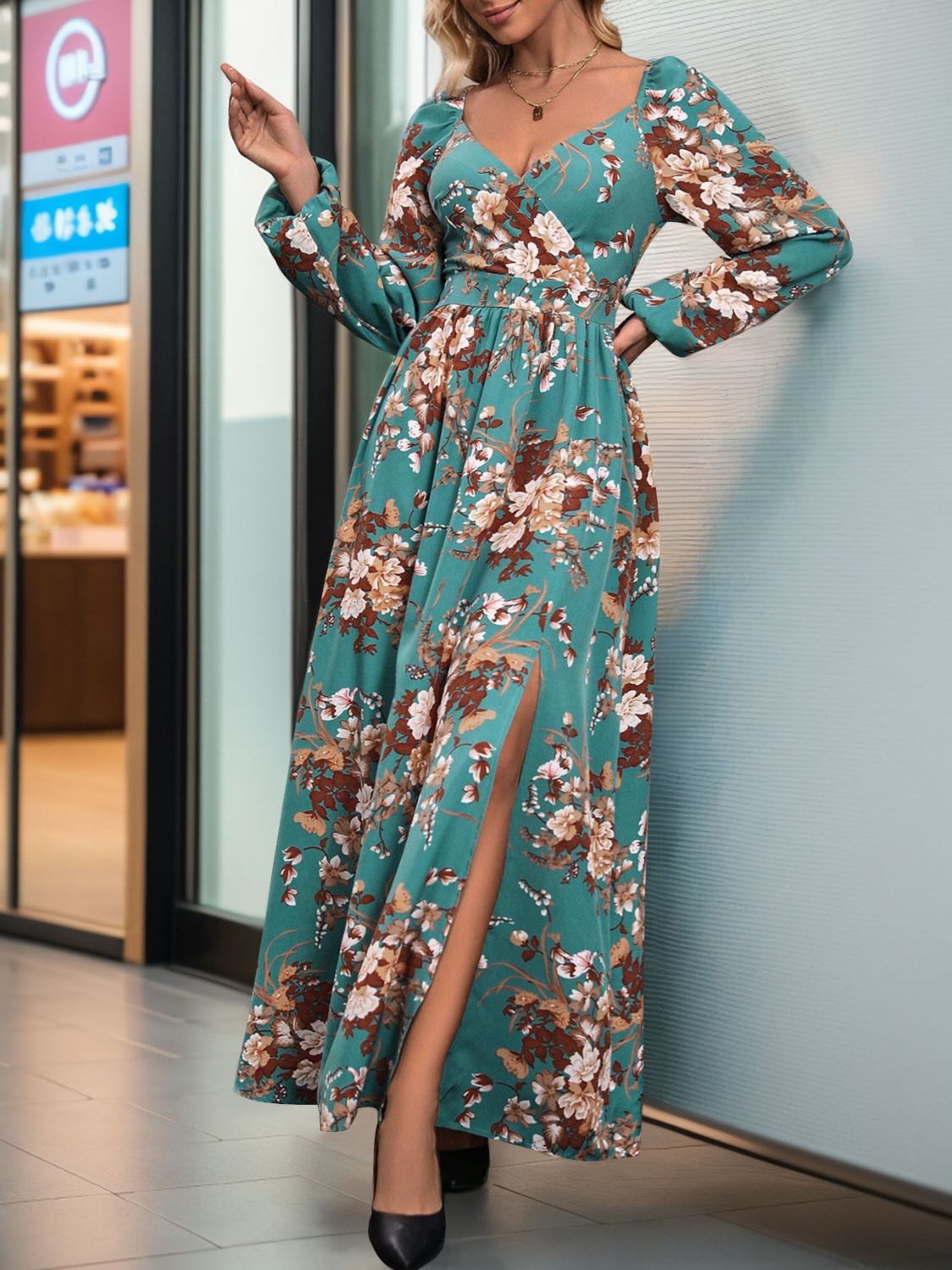 Perfee Slit Printed Surplice Long Sleeve Maxi Dress Trendsi