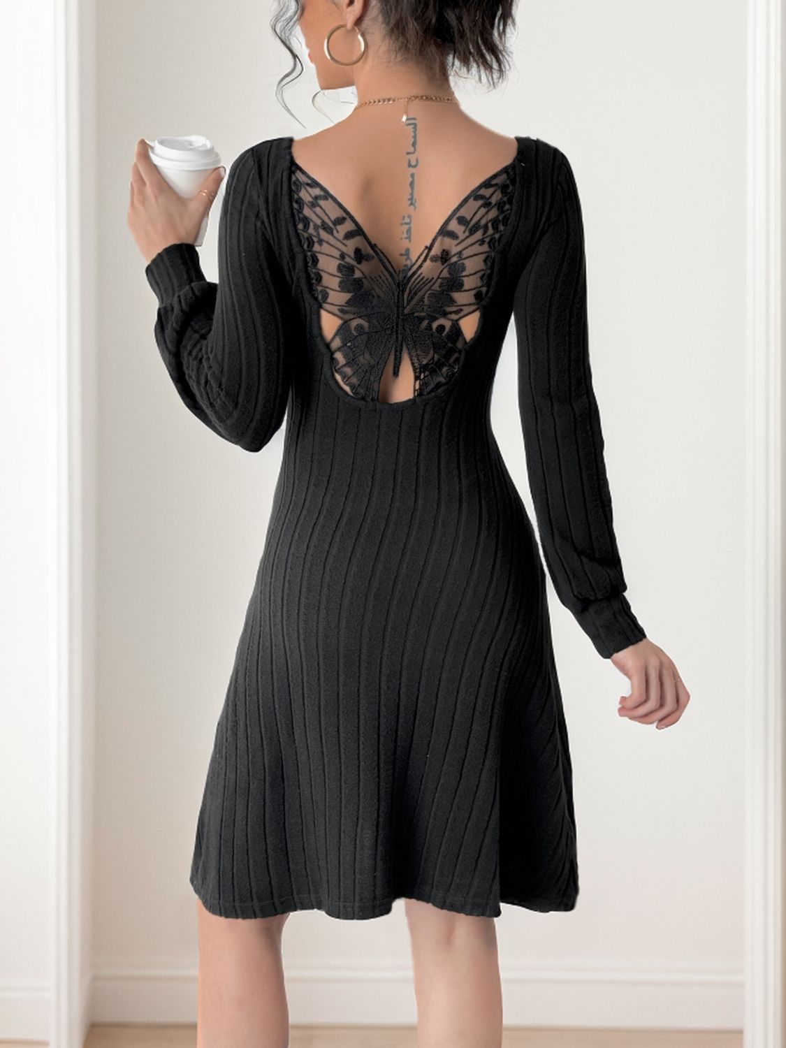 Perfee Butterfly Square Neck Long Sleeve Dress Trendsi