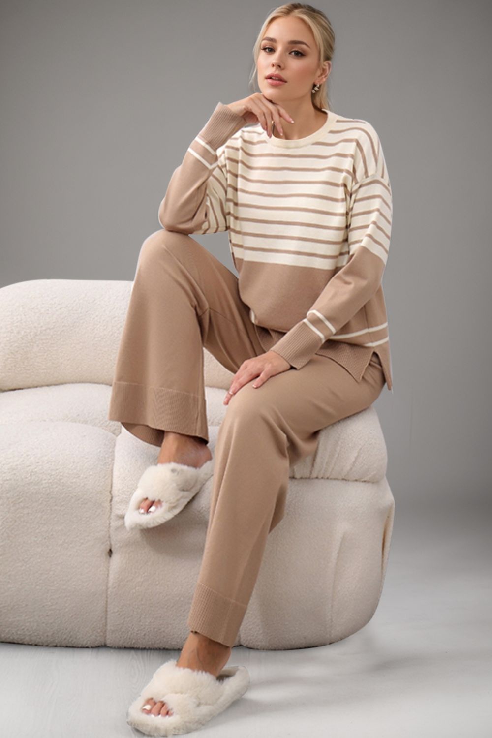 Basic Bae Striped Round Neck Long Sleeve Top and Pants Sweater Set Trendsi