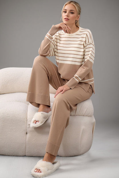 Basic Bae Striped Round Neck Long Sleeve Top and Pants Sweater Set Trendsi