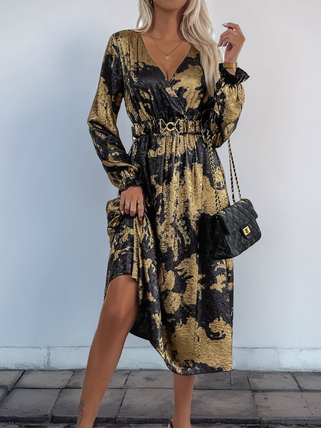 Perfee Printed Surplice Long Sleeve Midi Dress Trendsi