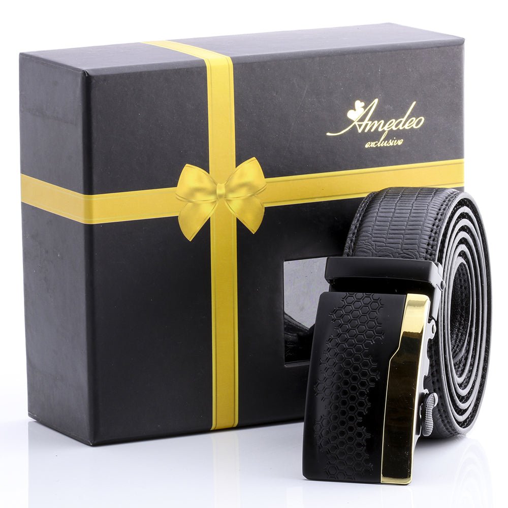 Men's Smart Ratchet No Holes Automatic Buckle Belt in Gold & Black Emerald Uranus