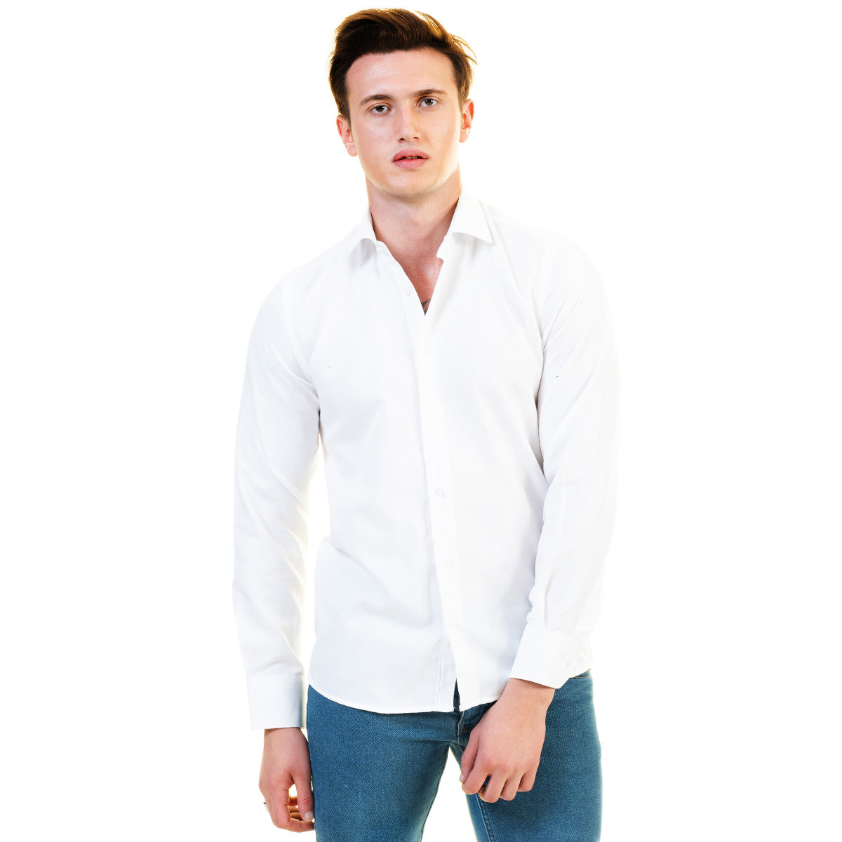 Solid White Mens Slim Fit Designer Dress Shirt - Tailored Cotton Emerald Uranus