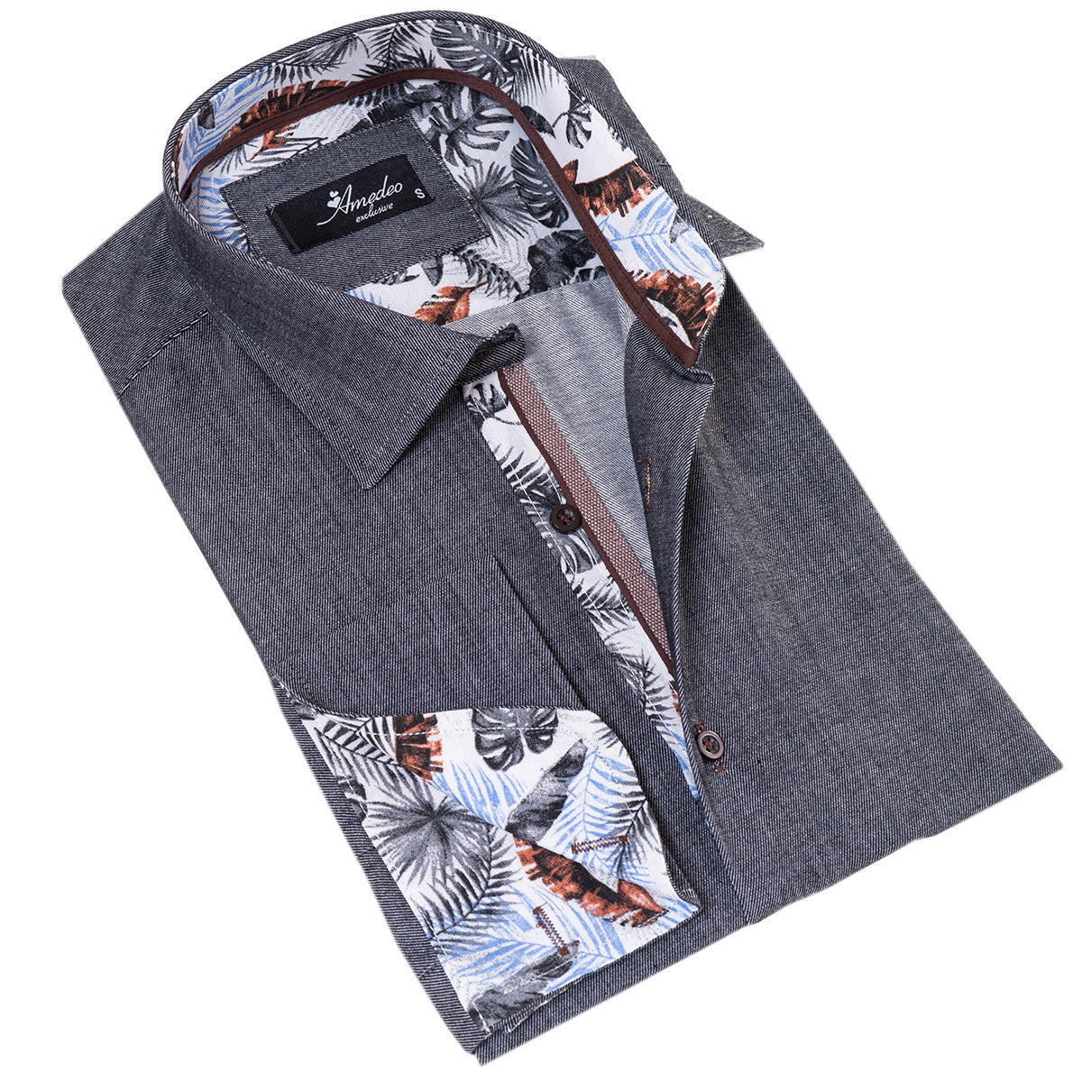 Gray inside Tropical Printed Mens Slim Fit Designer French Cuff Shirt Emerald Uranus