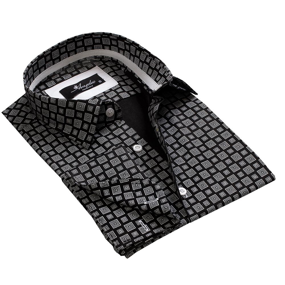 Black Grey Squares Mens Slim Fit French Cuff Shirts with Cufflink Emerald Uranus