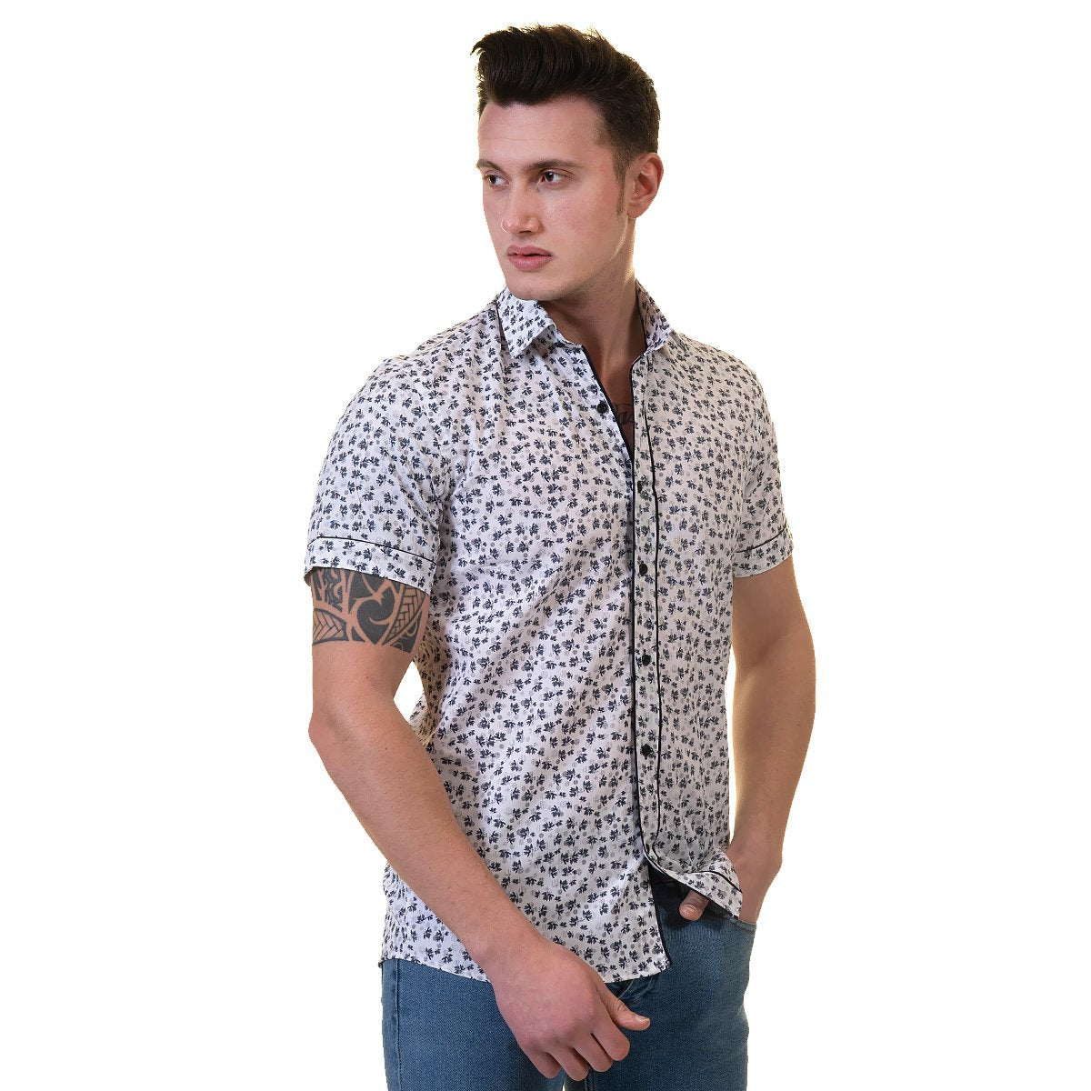 Black Dots Mens Short Sleeve Button up Shirts - Tailored Slim Fit Emerald Uranus