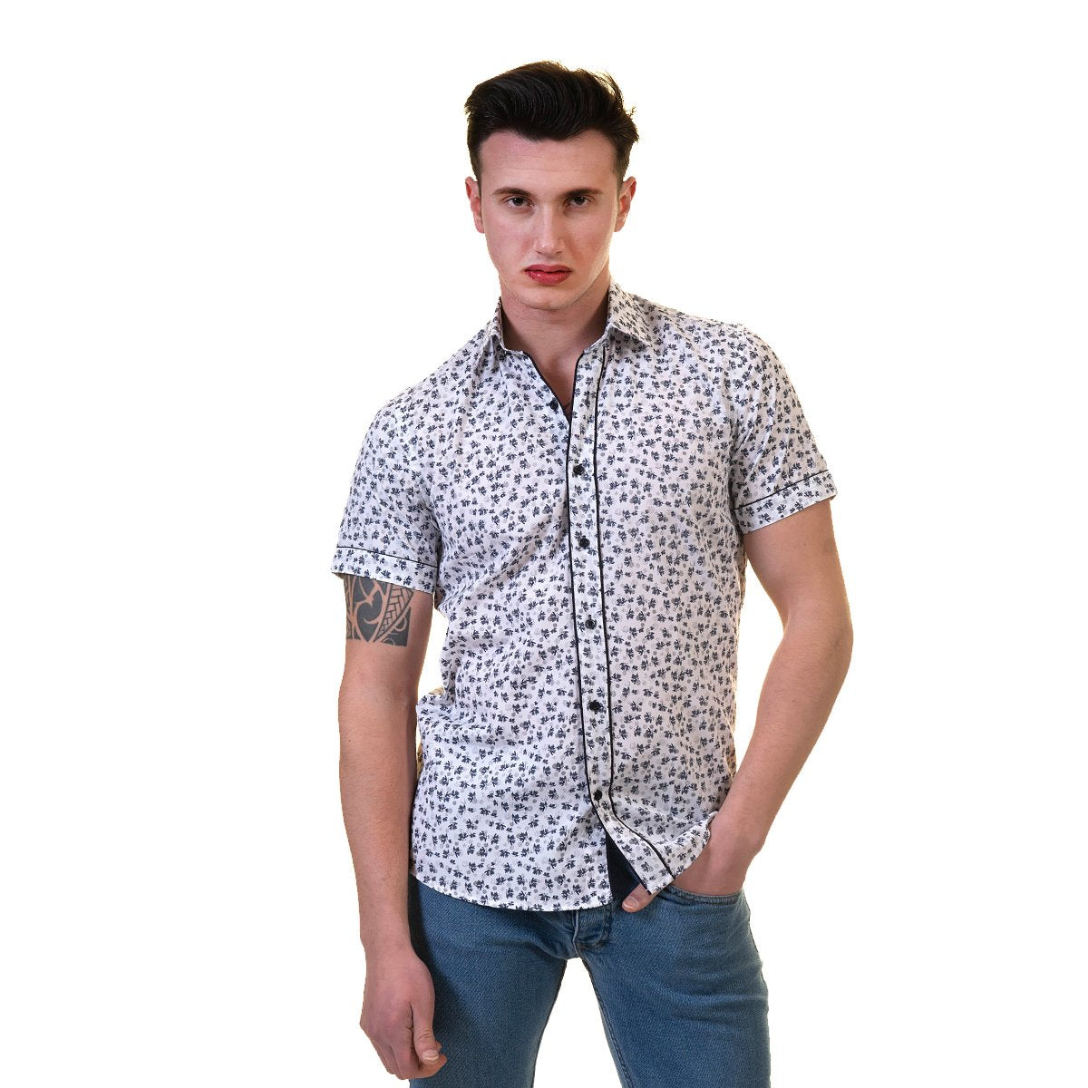 Black Dots Mens Short Sleeve Button up Shirts - Tailored Slim Fit Emerald Uranus