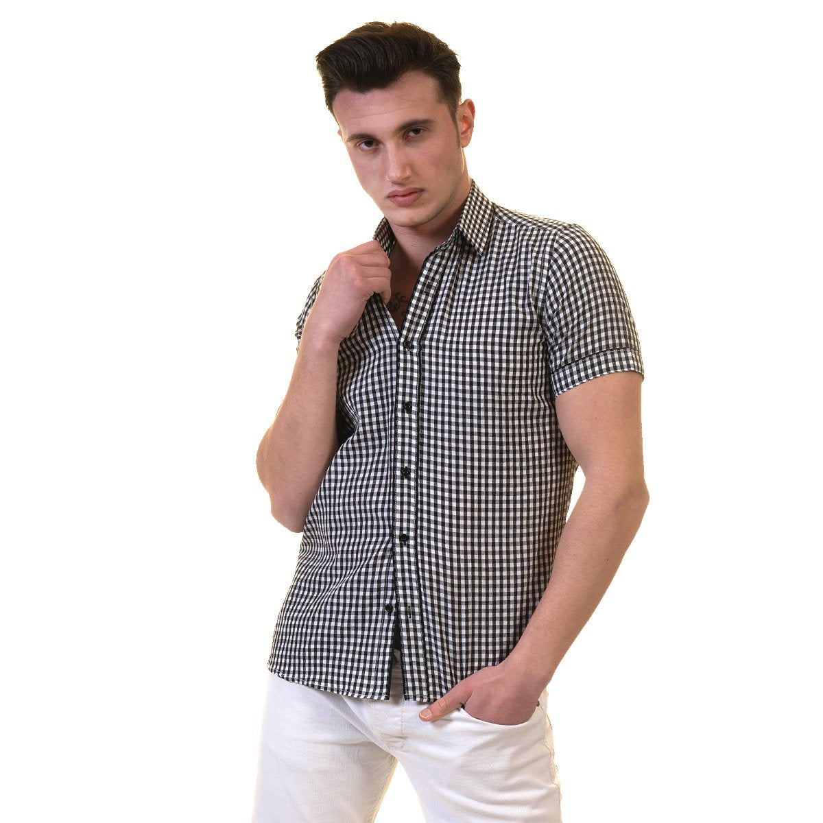 Black and White Mens Short Sleeve Button up Shirts - Tailored Slim Fit Emerald Uranus