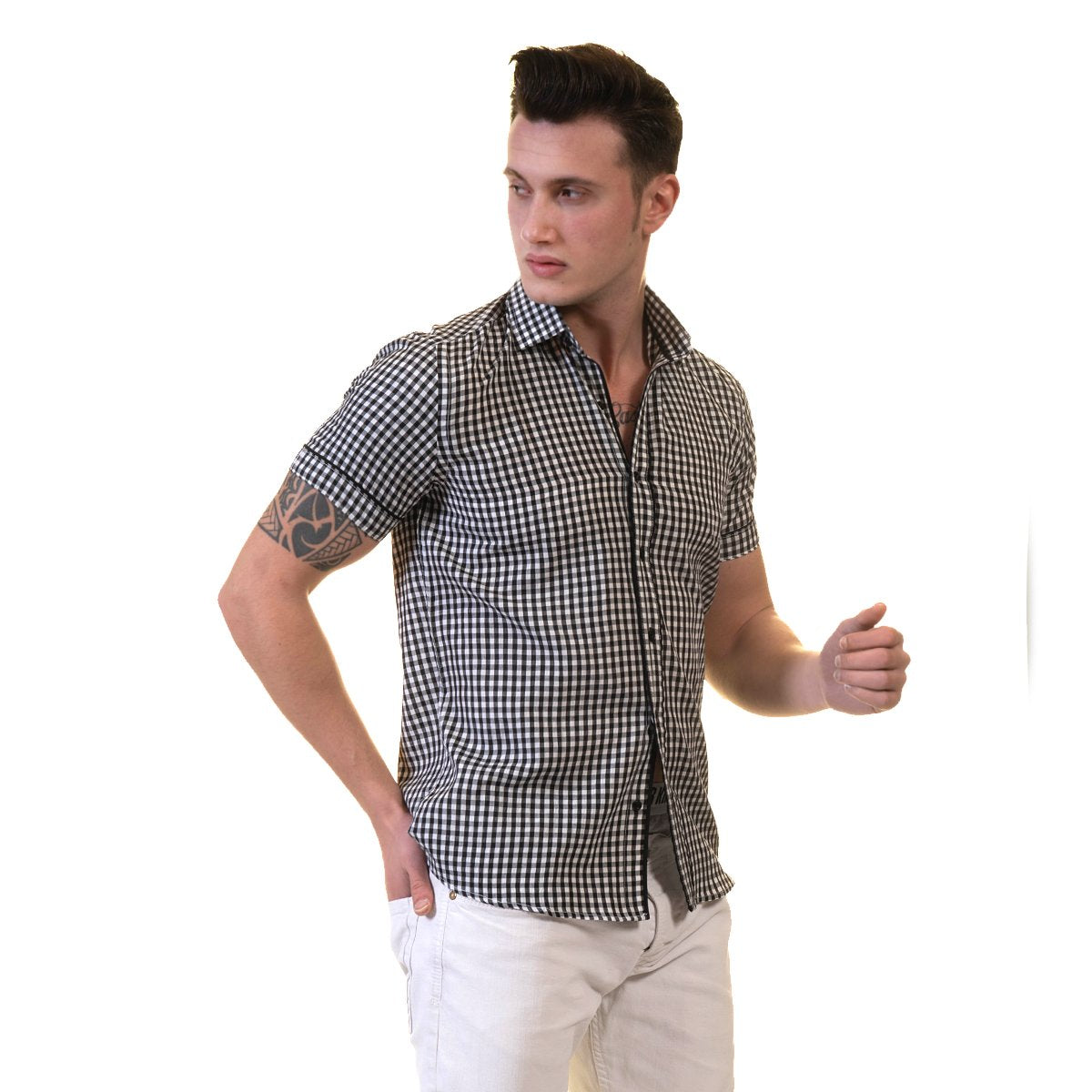 Black and White Mens Short Sleeve Button up Shirts - Tailored Slim Fit Emerald Uranus